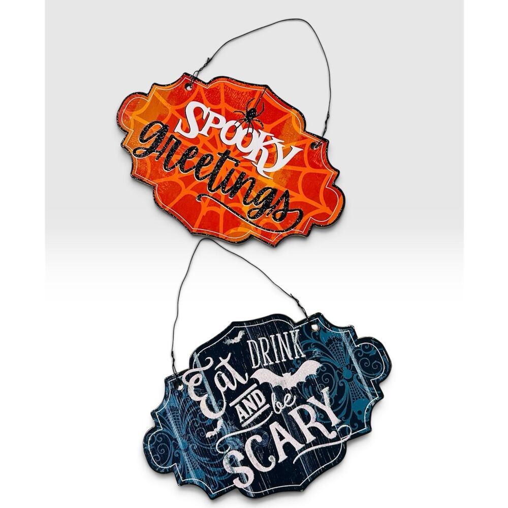 Halloween Wall Decor Set of 2 – Spooky Greetings & Eat Drink Be Scary Signs
